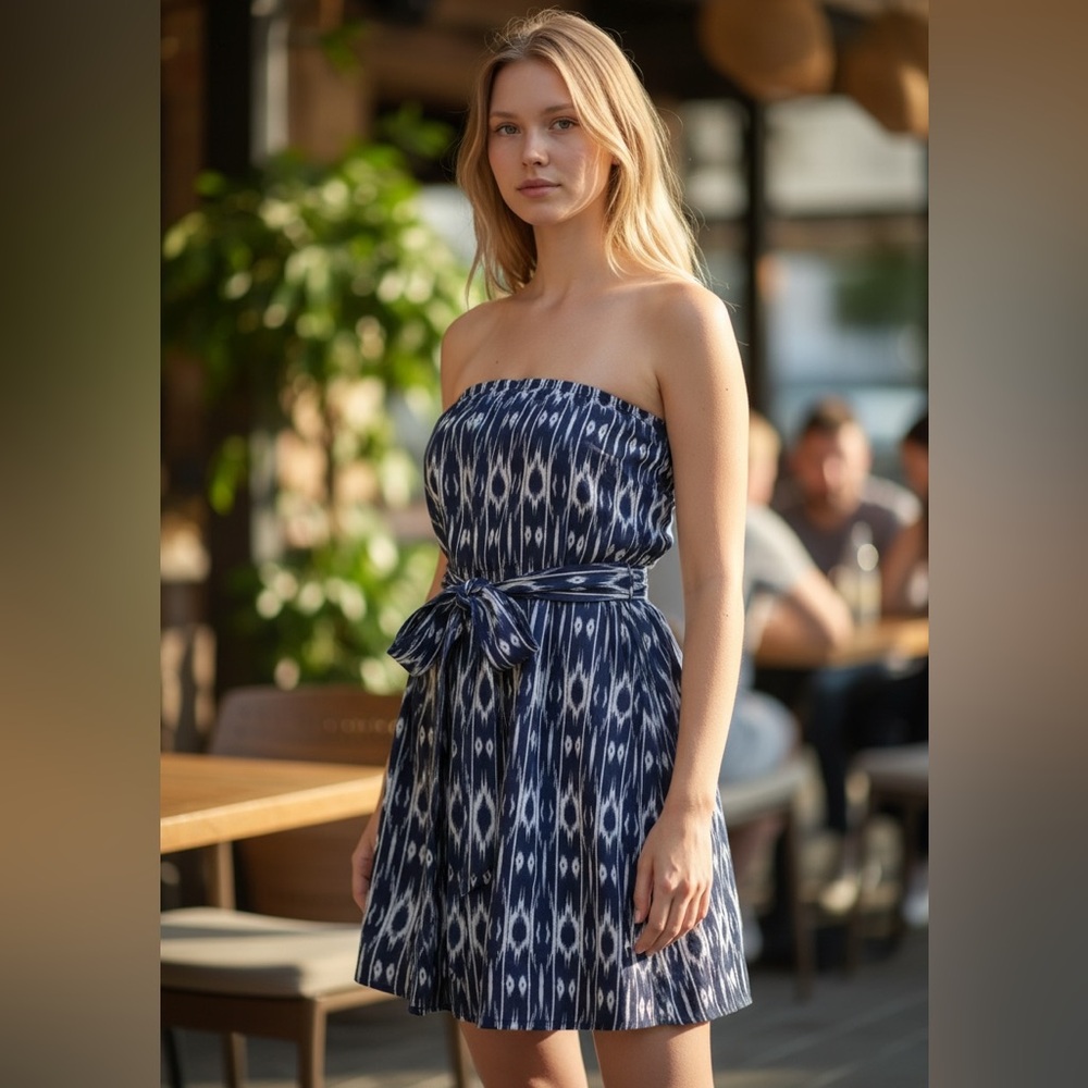NWT Athleta Ikat Strapless Anywhere Dress Navy Blue White Built In Bra Size 2